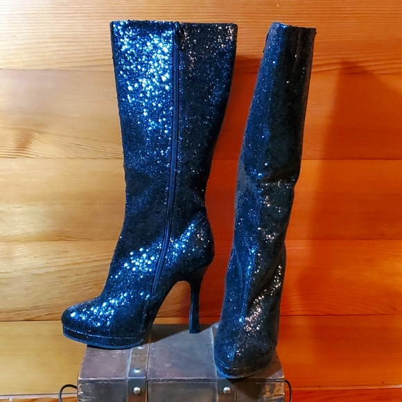 Ellie Boots Size 6 NEW Black Glitter Knee High Heeled Boots - Picture 3 of 8